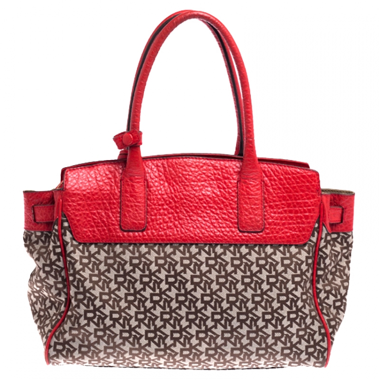 Pre Owned DKNY Beige/Red Signature Canvas and Leather Satchel 