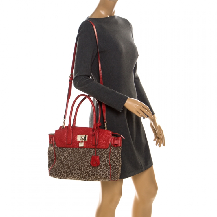 Pre Owned DKNY Beige/Red Signature Canvas and Leather Satchel 
