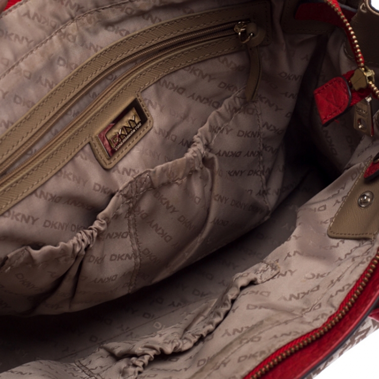 Pre Owned DKNY Beige/Red Signature Canvas and Leather Satchel 