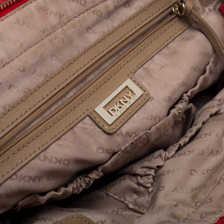 Pre Owned DKNY Beige/Red Signature Canvas and Leather Satchel 