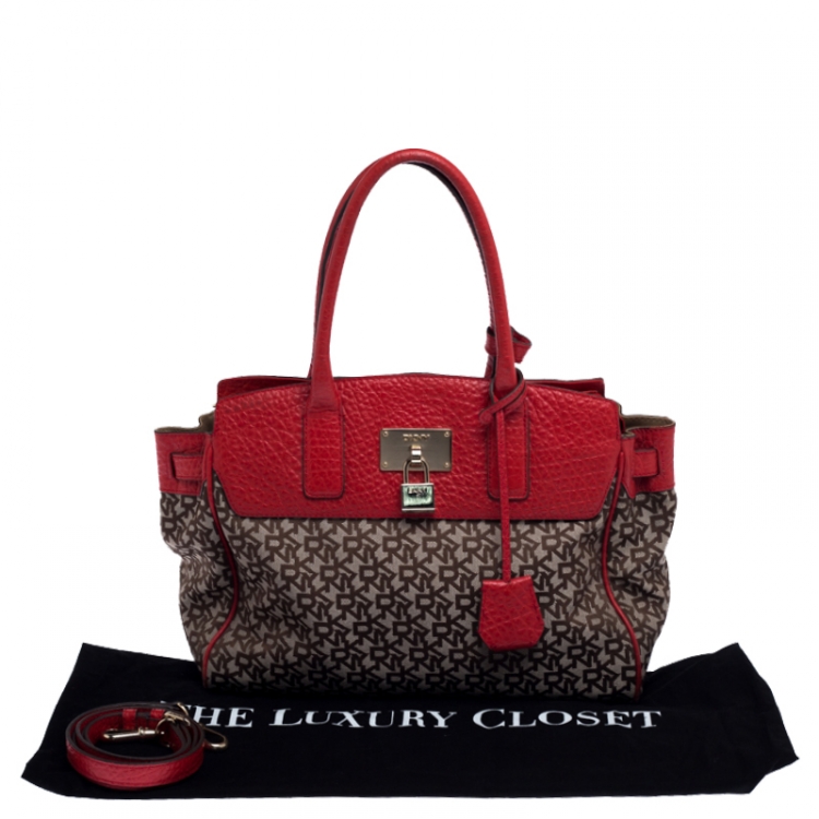 Pre Owned DKNY Beige/Red Signature Canvas and Leather Satchel 
