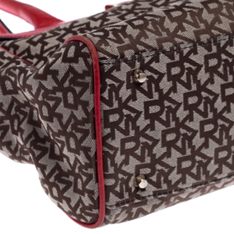 Pre Owned DKNY Beige/Red Signature Canvas and Leather Satchel 