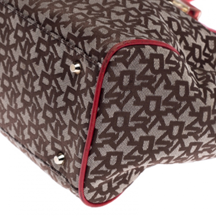 Pre Owned DKNY Beige/Red Signature Canvas and Leather Satchel 