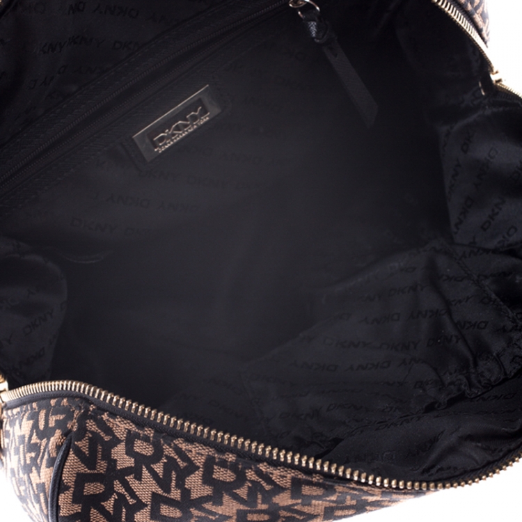 Pre Owned DKNY Brown/Black Monogram Canvas and Leather Boston Bag