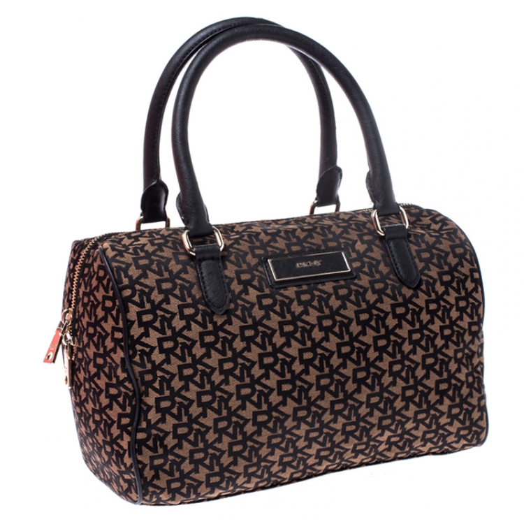 Pre Owned DKNY Brown/Black Monogram Canvas and Leather Boston Bag
