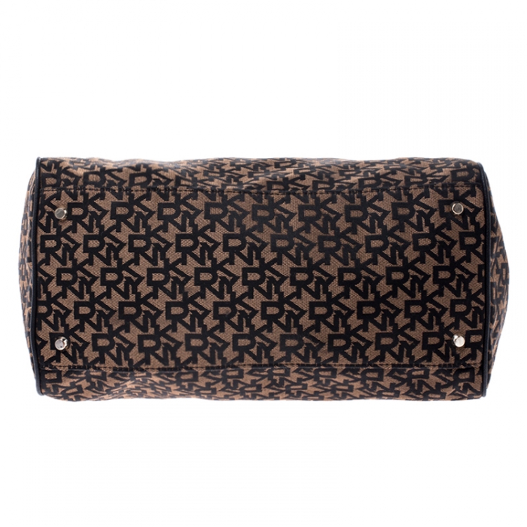 Pre Owned DKNY Brown/Black Monogram Canvas and Leather Boston Bag