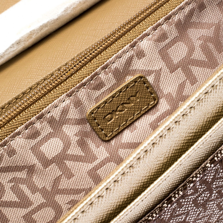 Pre Owned DKNY Brown/Gold Signature Canvas and Leather Flap Chain Clutch