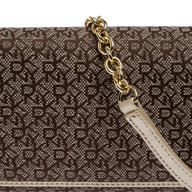 Pre Owned DKNY Brown/Gold Signature Canvas and Leather Flap Chain Clutch