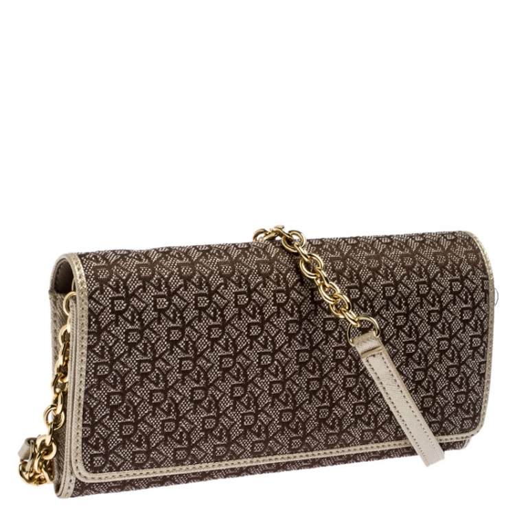 Pre Owned DKNY Brown/Gold Signature Canvas and Leather Flap Chain Clutch