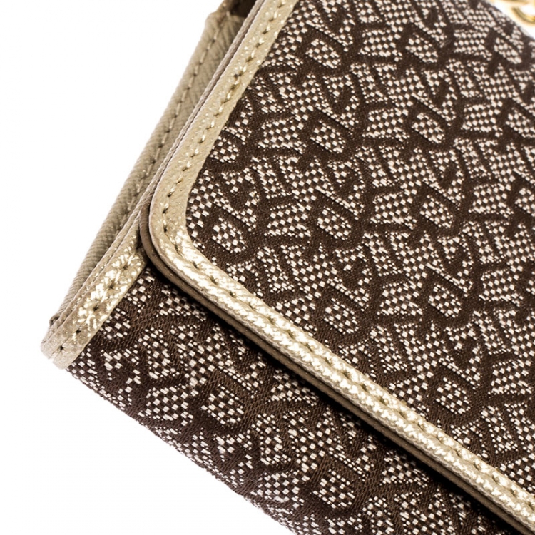 Pre Owned DKNY Brown/Gold Signature Canvas and Leather Flap Chain Clutch