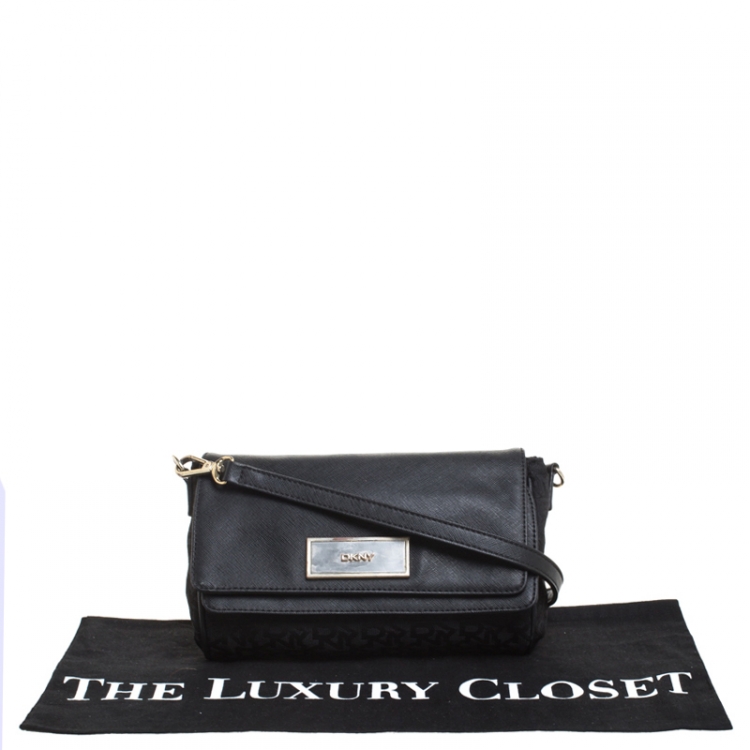 Pre Owned  DKNY Black Canvas and Leather Flap Crossbody Bag