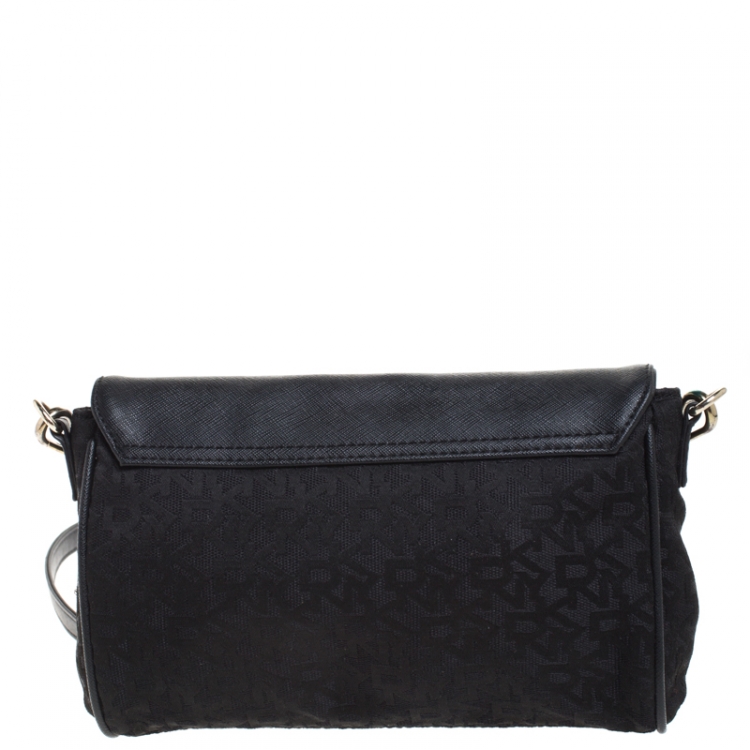 Pre Owned  DKNY Black Canvas and Leather Flap Crossbody Bag