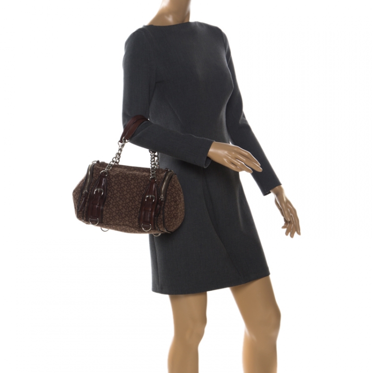 Pre Owned DKNY Brown Signature Canvas and Leather Double Side Pocket Satchel 