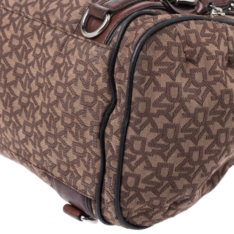 Pre Owned DKNY Brown Signature Canvas and Leather Double Side Pocket Satchel 