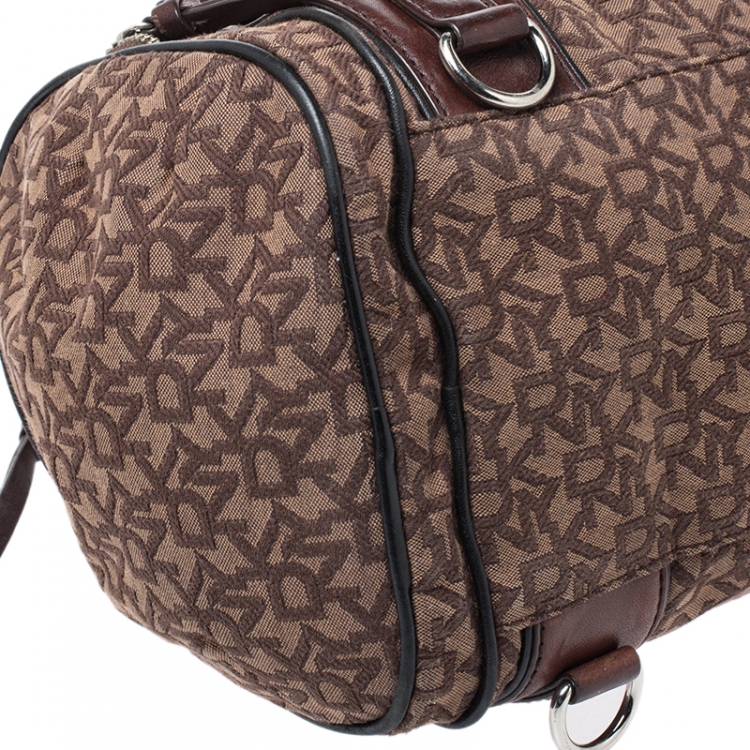 Pre Owned DKNY Brown Signature Canvas and Leather Double Side Pocket Satchel 