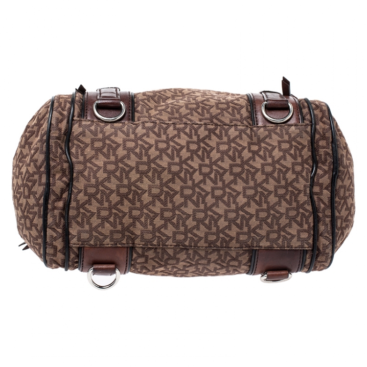 Pre Owned DKNY Brown Signature Canvas and Leather Double Side Pocket Satchel 