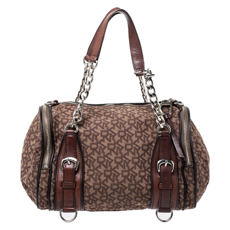 Pre Owned DKNY Brown Signature Canvas and Leather Double Side Pocket Satchel 