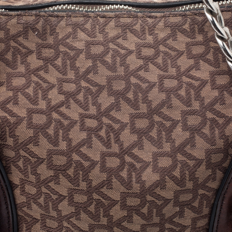 Pre Owned DKNY Brown Signature Canvas and Leather Double Side Pocket Satchel 