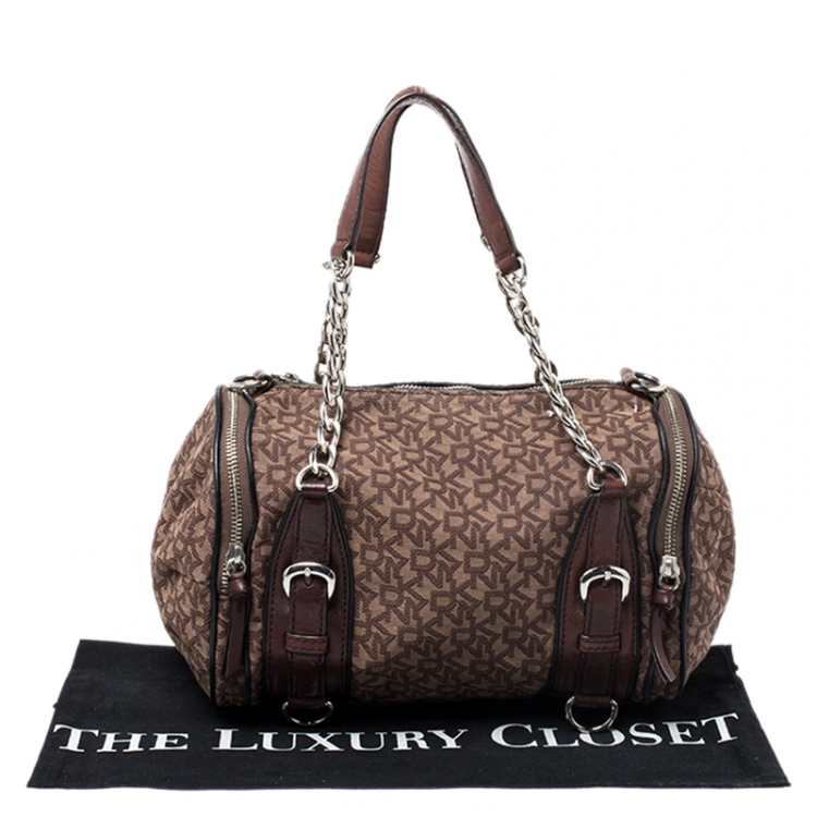 Pre Owned DKNY Brown Signature Canvas and Leather Double Side Pocket Satchel 