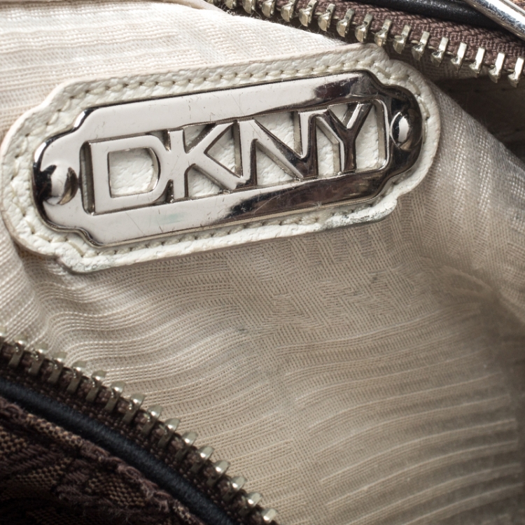 Pre Owned DKNY Brown Signature Canvas and Leather Double Side Pocket Satchel 