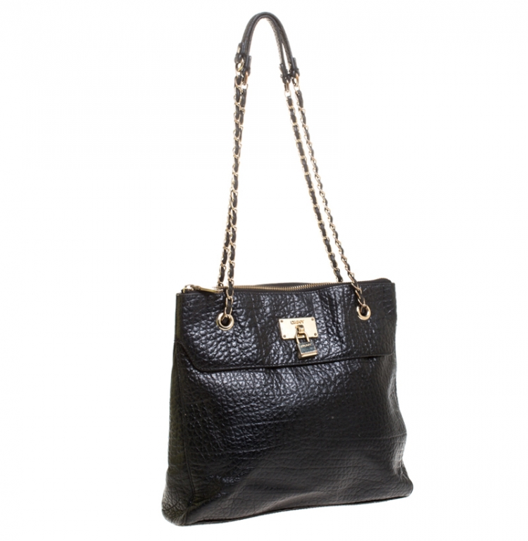 Pre Owned DKNY Black Grained Leather Padlock Chain Shoulder Bag