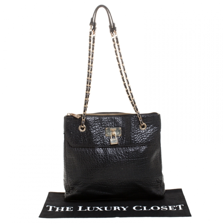 Pre Owned DKNY Black Grained Leather Padlock Chain Shoulder Bag