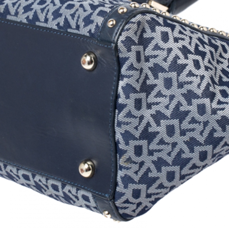Pre Owned Dkny Blue Signature Canvas with Leather Trim Studded Satchel