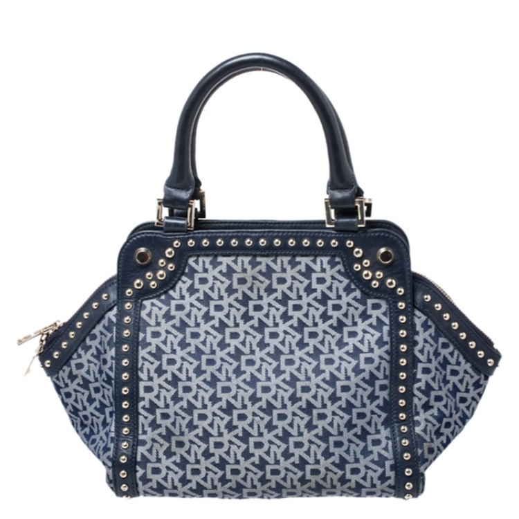 Pre Owned Dkny Blue Signature Canvas with Leather Trim Studded Satchel