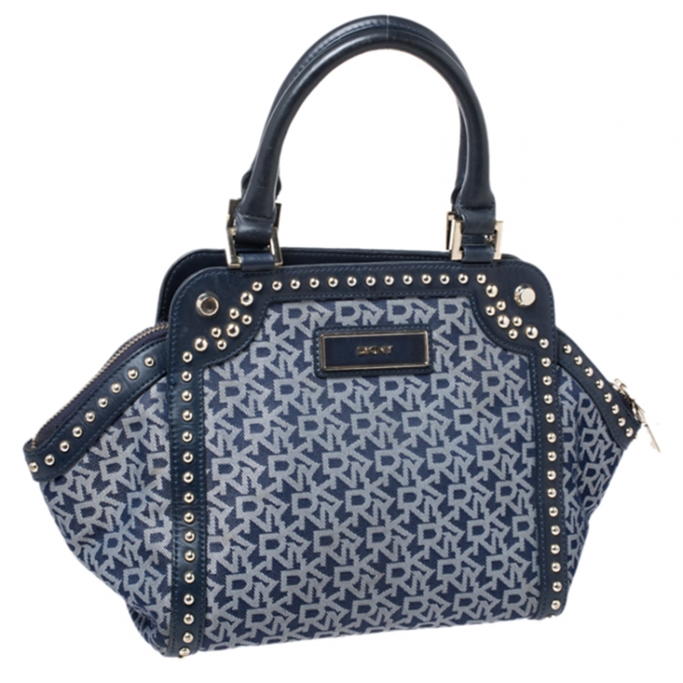 Pre Owned Dkny Blue Signature Canvas with Leather Trim Studded Satchel