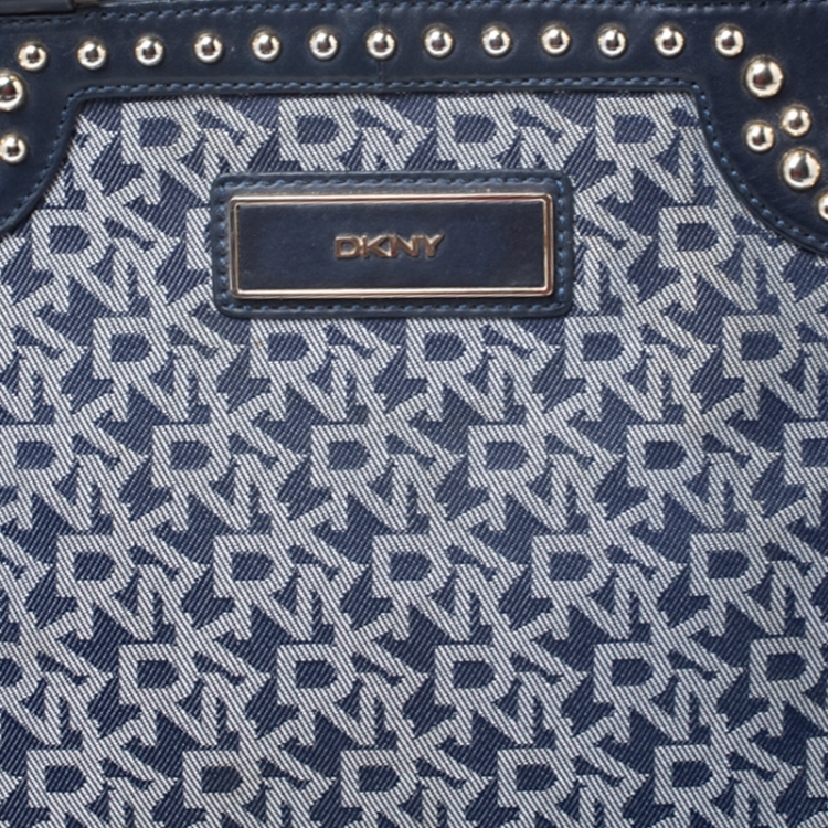 Pre Owned Dkny Blue Signature Canvas with Leather Trim Studded Satchel