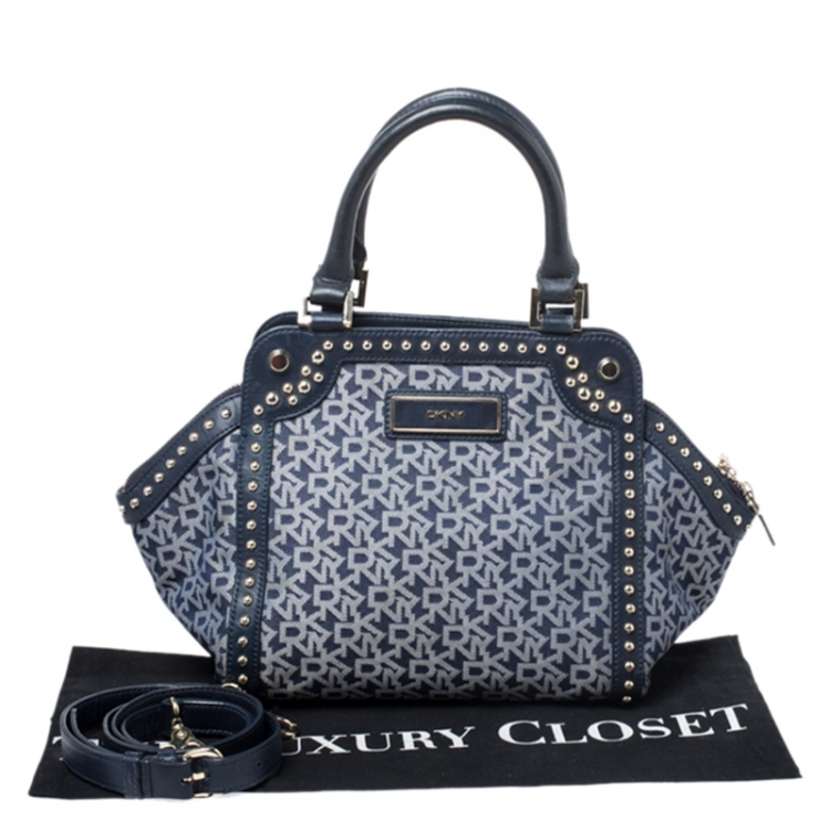 Pre Owned Dkny Blue Signature Canvas with Leather Trim Studded Satchel