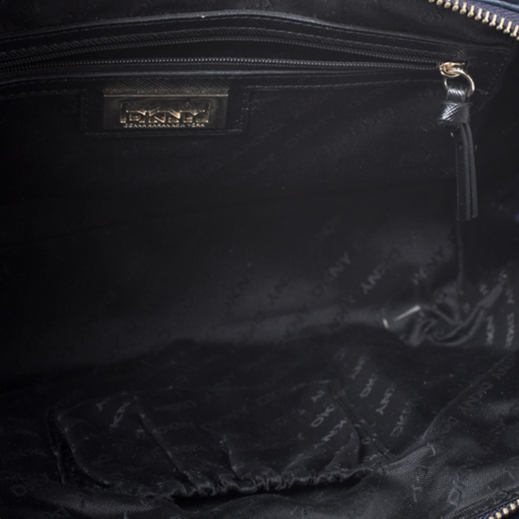 Pre Owned Dkny Blue Signature Canvas with Leather Trim Studded Satchel