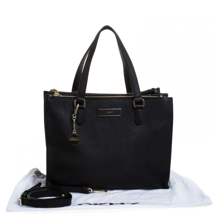 Pre Owned DKNY Black Leather Double Zip Convertible Tote