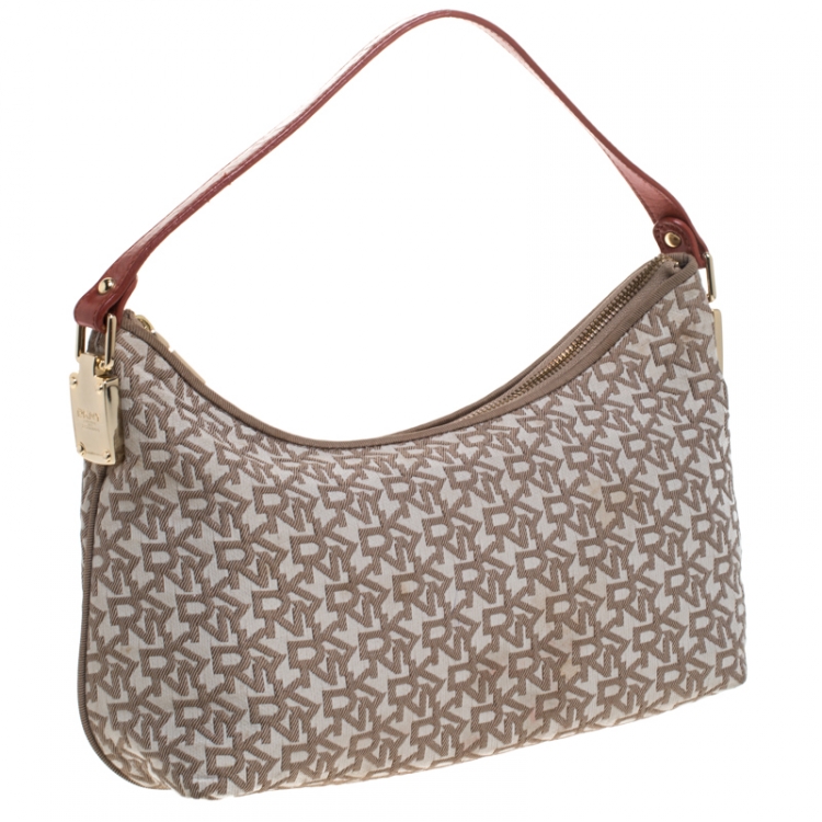 Pre Owned Dkny Beige/Red Signature Canvas Small Hobo