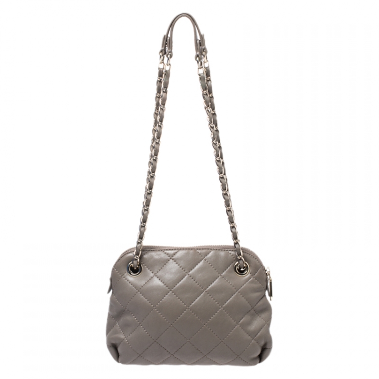 Pre Owned Dkny Dark Grey Quilted Leather Zip Chain Shoulder Bag