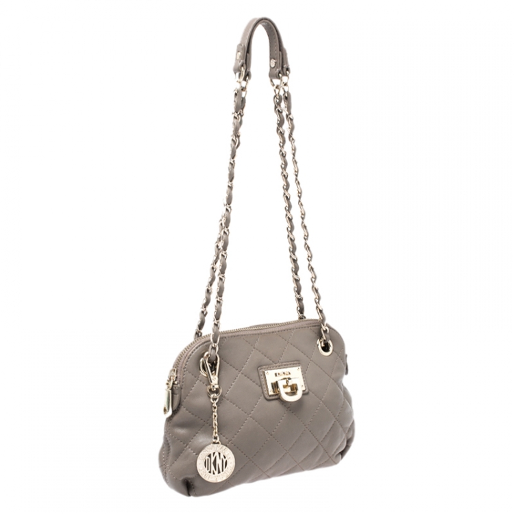 Pre Owned Dkny Dark Grey Quilted Leather Zip Chain Shoulder Bag