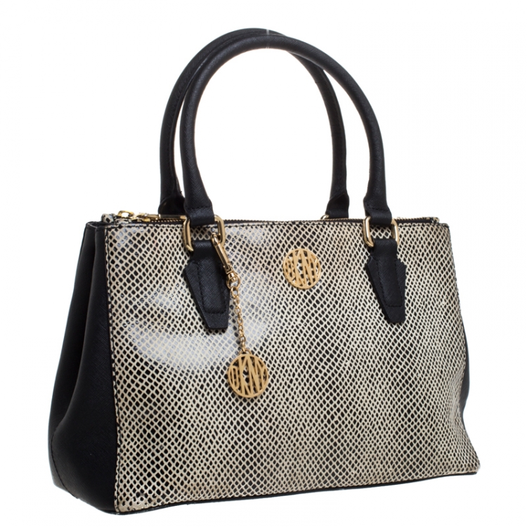 Pre Owned Dkny Black/White Leather Double Zip Tote