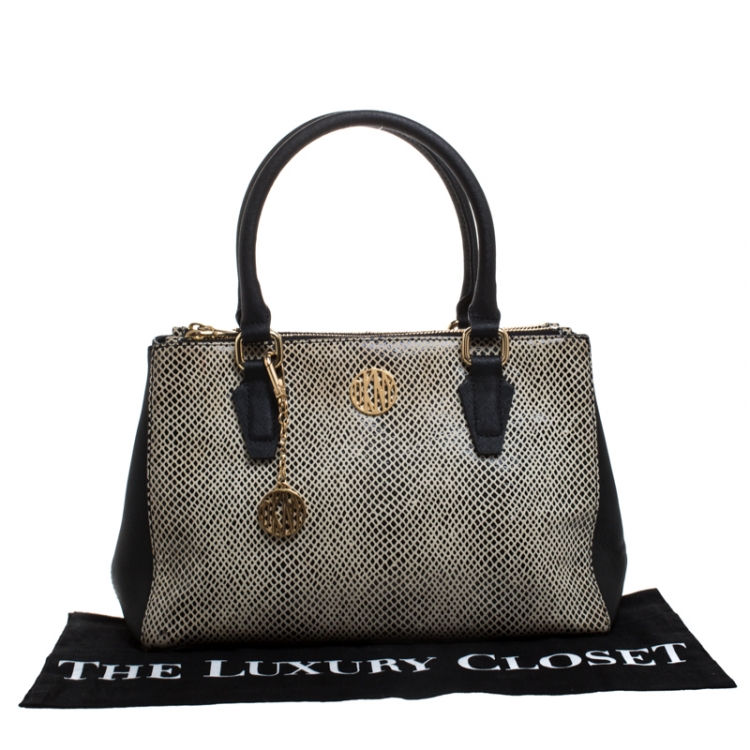 Pre Owned Dkny Black/White Leather Double Zip Tote