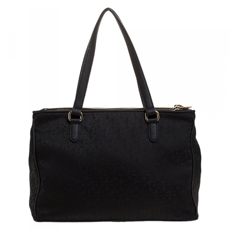 Pre Owned Dkny Black Signature Canvas and Leather Double Zip Tote