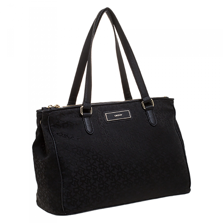 Pre Owned Dkny Black Signature Canvas and Leather Double Zip Tote