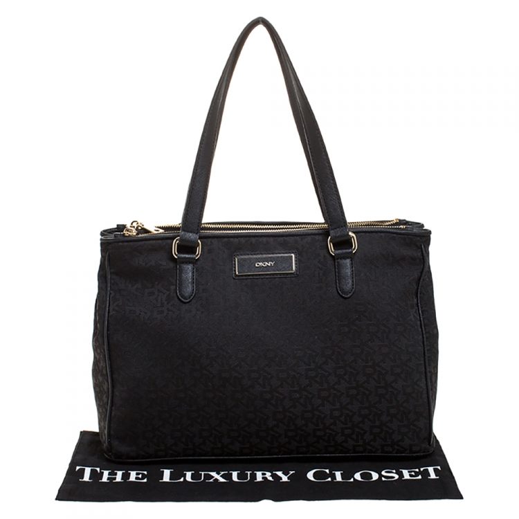 Pre Owned Dkny Black Signature Canvas and Leather Double Zip Tote