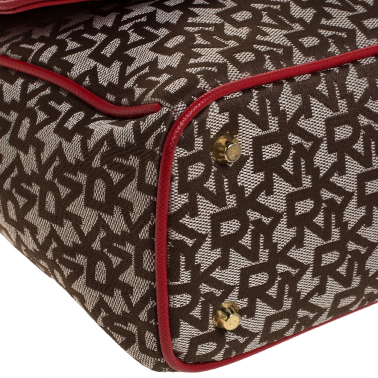 Pre Owned DKNY Beige/Red Signature Canvas and Leather Flap Crossbody Bag