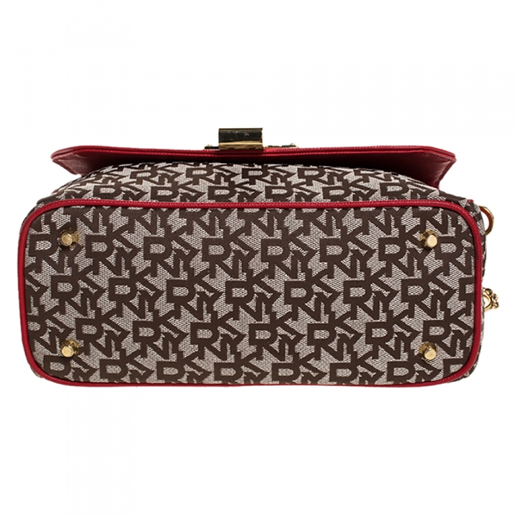 Pre Owned DKNY Beige/Red Signature Canvas and Leather Flap Crossbody Bag