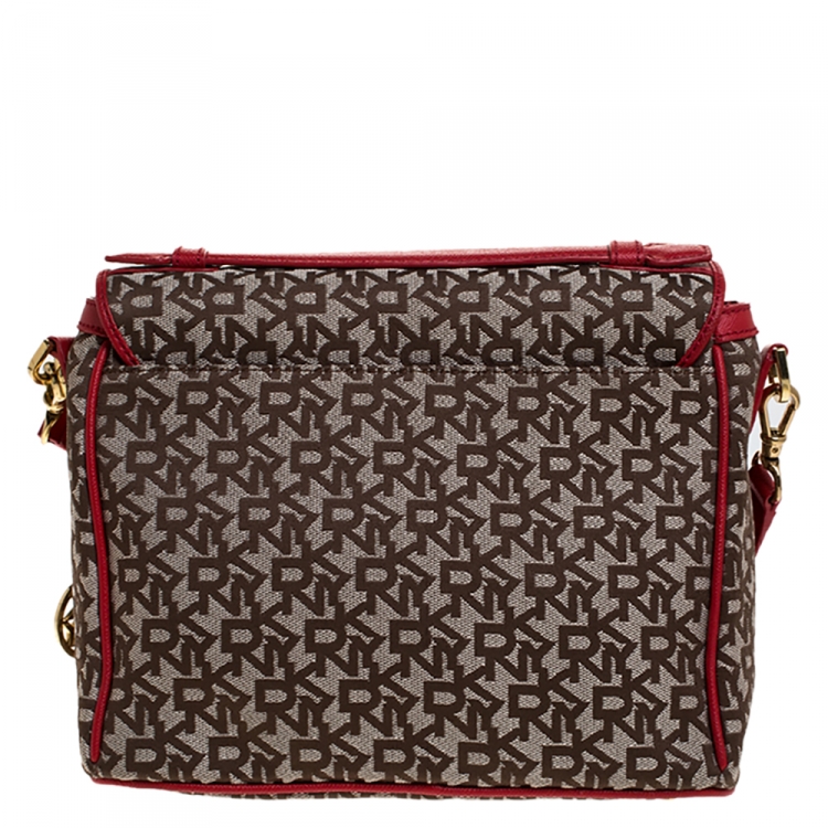 Pre Owned DKNY Beige/Red Signature Canvas and Leather Flap Crossbody Bag