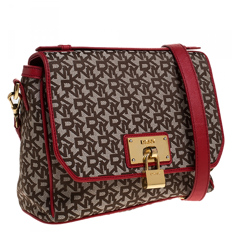 Pre Owned DKNY Beige/Red Signature Canvas and Leather Flap Crossbody Bag