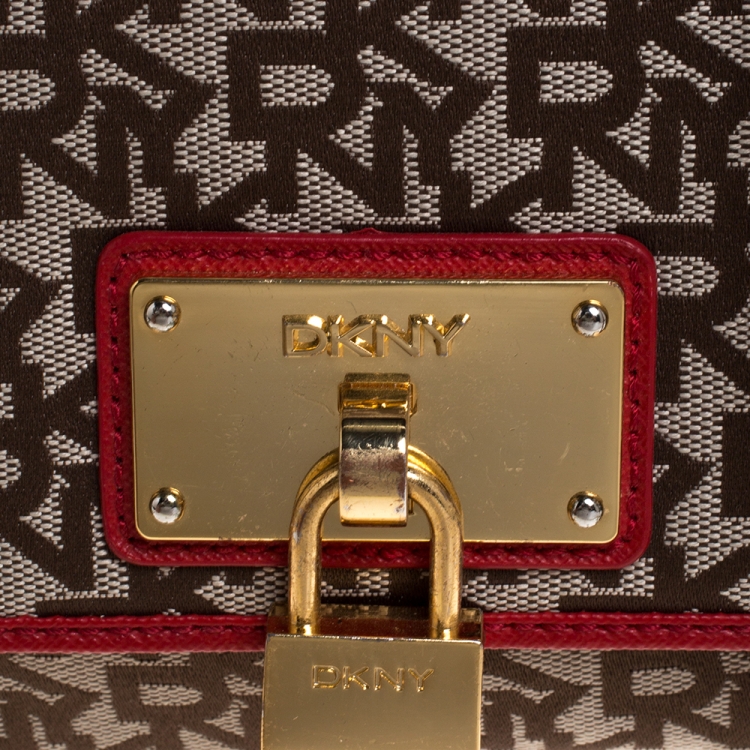Pre Owned DKNY Beige/Red Signature Canvas and Leather Flap Crossbody Bag