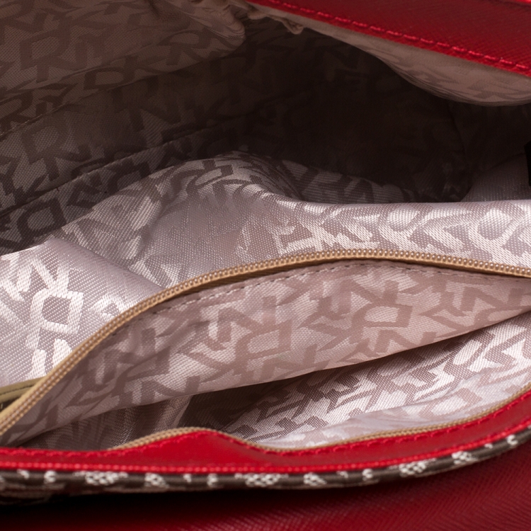 Pre Owned DKNY Beige/Red Signature Canvas and Leather Flap Crossbody Bag