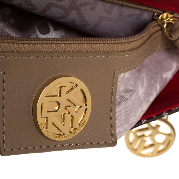 Pre Owned DKNY Beige/Red Signature Canvas and Leather Flap Crossbody Bag