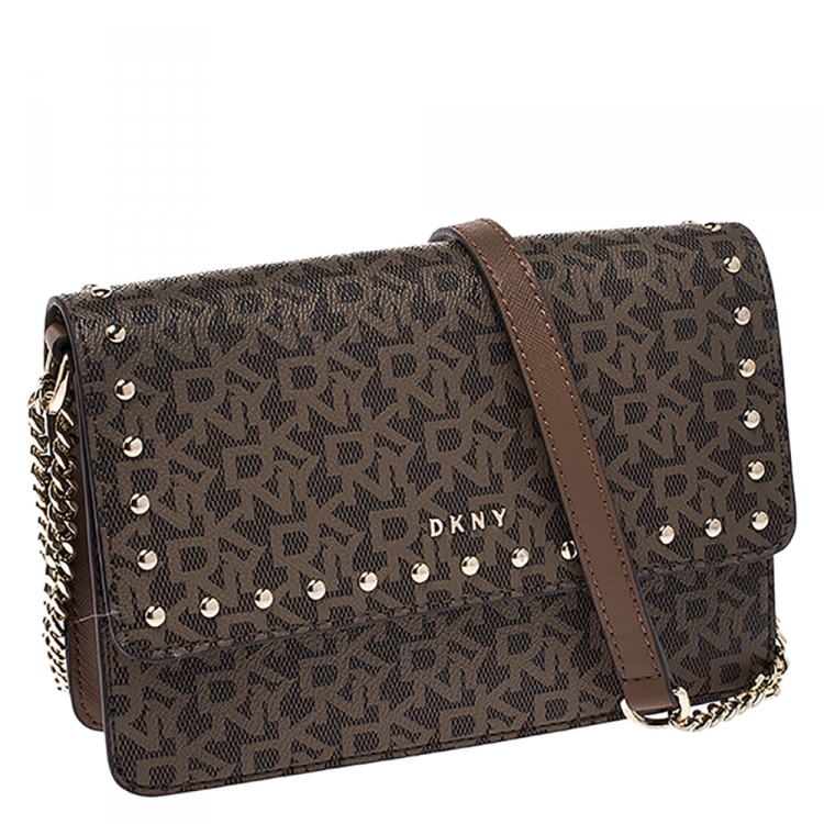 Pre Owned Dkny Brown Signature Coated Canvas Crossbody Bag 