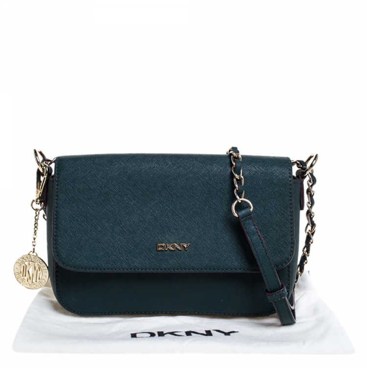 Pre Owned DKNY Green Leather Bryant Flap Crossbody Bag